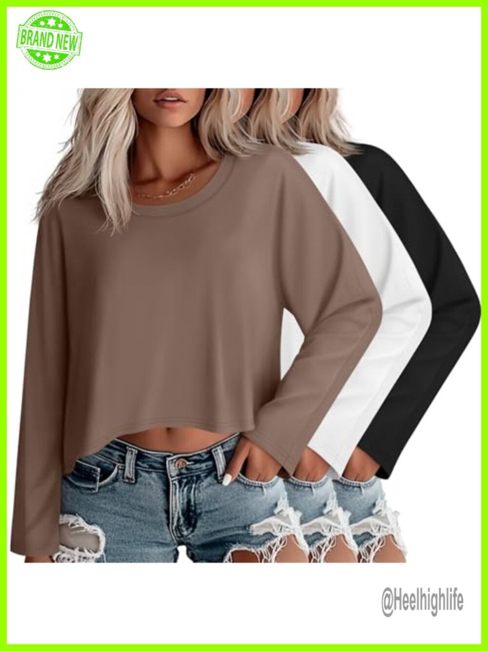 Women's 3 Pack Oversized Cropped Long Sleeve Tops Casual Crew Neck Crop Tees